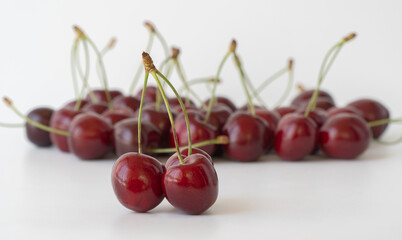 fruit of Prunus avium. ripe berries of juicy cherries isolated on a white background.