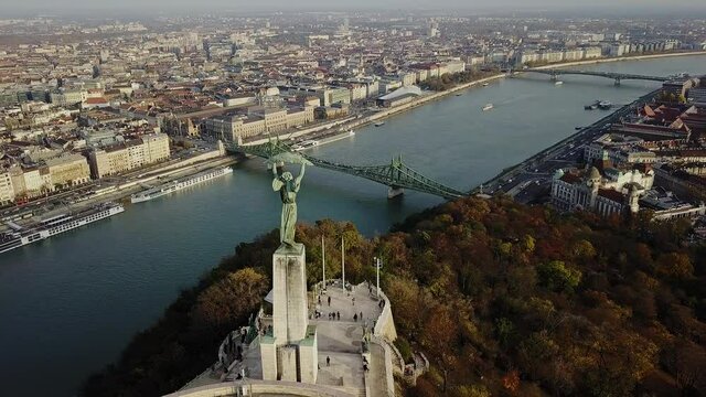 Highest point of the city of Budapest in Hungary. Summer day sunny sunset. View of the city and the Gellert Hills
