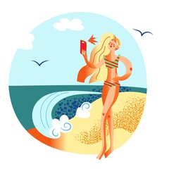 Young girl in bikini take selfie on smartphone camera at beach