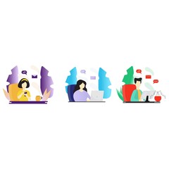 People work on laptops and study remote. Learning languages from home while pandemic. Online education concept isolated