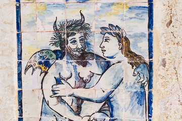 Naklejka premium detail of mythological azulejos on the walls of The Palace of the Marquesses of Fronteira in Lisbon, Portugal