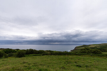 Obraz premium View of green fields with the sea in the background, a cloudy summer afternoon, in the north of Spain, horizontal