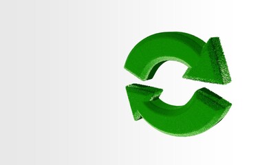 Recycle icon logo made of arrows from green grass texture isolated on white background. 3d render ecological concept of cycles of nature with copy space.