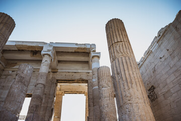 The entrance temple Propylaea to the Acropolis in Athens in scenic back light.