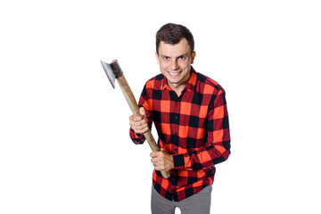 Man in checkered shirt woodcutter holding an axe and smile isolated on white background