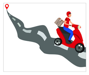 Fast courier. Fast delivery.Vector. Moped with a courier. Can be used for restaurant food service, mail delivery service, postal service, goods delivery service. Vector white background isolated.