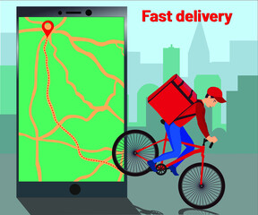 Courier on a bicycle driving out of the phone. Vector. Courier on a bike with parcel box on the back makes his job. Online concept delivery. Can be used for postal service, goods delivery service.