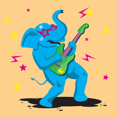 an elephant character plays a guitar on an orange isolated background. Vector image