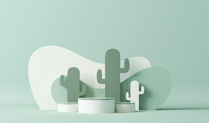 Minimal scene with podium, stand, platform and abstract background. Pastel blue and white colors scene. Trendy 3d render for social media banners, promotion, product. Natural trendy plants - cactus 