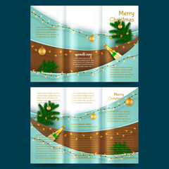Tri-fold Merry Christmas theme. Champagne and spruce branches garland glow. Vector template