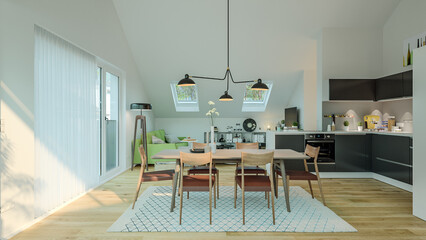 view inside modern luxury attic loft apartment with kitchen and sofa - 3d rendering