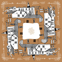 Vector square illustration of Old Town brown with black and white elements.