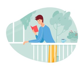 Vector young man enjoy reading standing on balcony