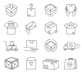 Large set of black and white post office icons for mail, parcels, cartons, boxes and delivery vehicle, line drawn vector illustration