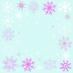 Festive winter background with cute cartoon snowflakes. 