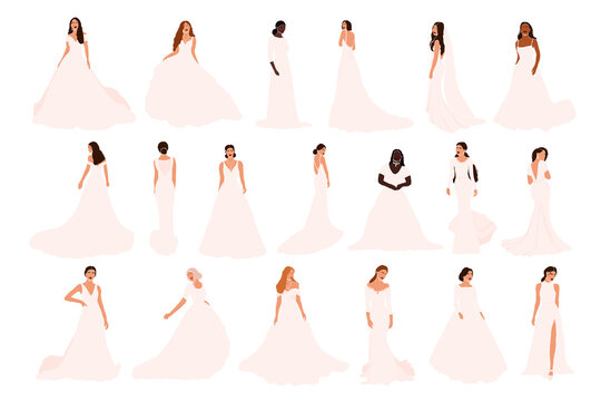 Set Of Abstract Brides In Various Wedding Dress Isolated On White Background. Different Nationalities African American Latin European Bride Fiancee Woman Vector Illustration In Cartoon Flat Style