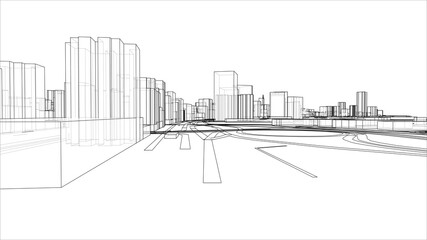 Sketch of 3D city with buildings and roads