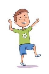 Smiling boy jumping for joy and hands up. Cute child isolated on white background. Vector character illustration of children gestures, emotions, types of moods.