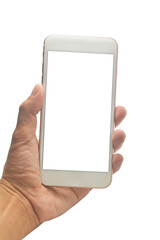 Hand holding mobile phone (smartphone,cell phone,Telephone) white background