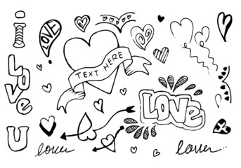 sketchy love and hearts doodles, vector illustration
