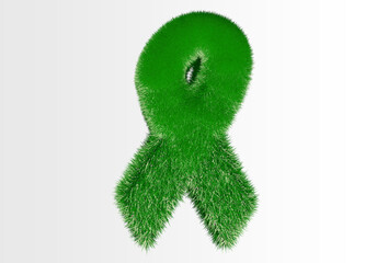 Awareness twisted ribbon of green grass isolated on white background. 3d render illustration. Ecological symbol.