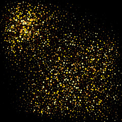 Gold glitter shine texture on a black background. Golden explosion of confetti. Isolated Design element. Vector illustration.