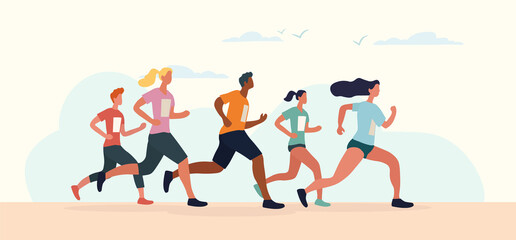 Diverse group of runners in a Marathon with men and women competing running together, colored vector illustration - obrazy, fototapety, plakaty