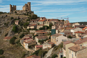 View of castle and village Pelegrina in park Barranco del Rio Dulce, Guadalajara, Spain
