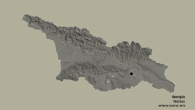 Samegrelo-Zemo Svaneti, region of Georgia, with its capital, localized, outlined and zoomed with informative overlays on a administrative map in the Stereographic projection. Animation 3D