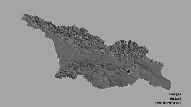 Samegrelo-Zemo Svaneti, region of Georgia, with its capital, localized, outlined and zoomed with informative overlays on a bilevel map in the Stereographic projection. Animation 3D
