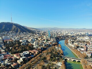 Beautiful aerial drone photography. Country Georgia from above. Capital Tbilisi, River view