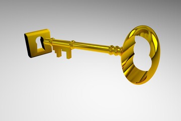 Golden metal vintage key and keyhole isolated on white background. 3d render illustration.