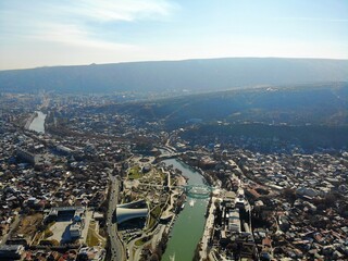 Beautiful aerial drone photography. Country Georgia from above. Ñûçøåôä Tbilisi, River view