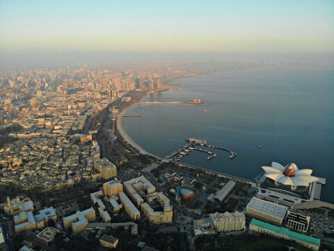 Amazing aerial view from above by drone on capital of Azerbaijan - Baku. Caspian Sea