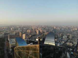 Amazing aerial view from above by drone on capital of Azerbaijan - Baku. The Flame Towers
