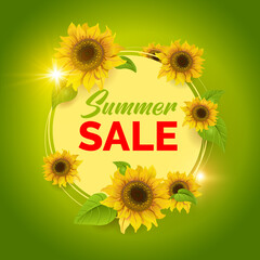 Summer Sale. Advertising banner. Sunflowers on a yellow circle and a green background. Vector illustration