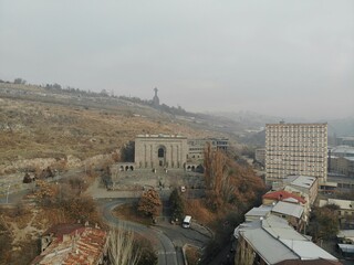 Erevan - the capital of Caucasus country Armenia. Aerial view from above by drone. Historical museum and mother Armenia monument