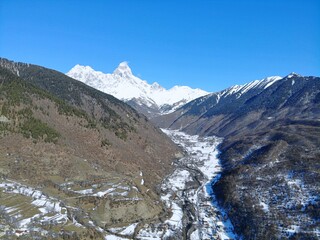 Fototapeta premium Georgia. Svaneti Region, mountain Ushba. View from above, perfect landscape photo, created by drone. Aerial photo from travel.