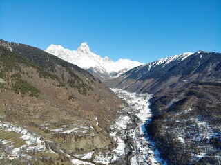 Obraz premium Georgia. Svaneti Region, mountain Ushba. View from above, perfect landscape photo, created by drone. Aerial photo from travel.
