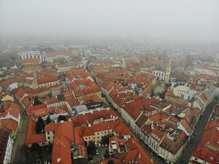 Slovakia, Bratislava. Historical old city centre. Aerial view from above, created by drone. Foggy day town landscape, travel photography.