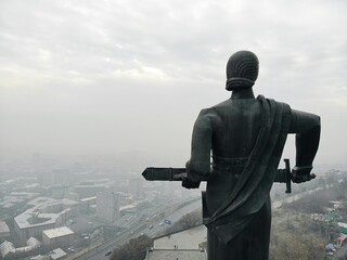 Erevan - the capital of Caucasus country Armenia. Aerial view from above by drone. The Mother of Armenia great monument.