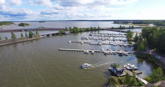 Boats docked at harbor, Coast town of Vaasa, Finland, Drone shot