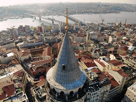 Istanbul, culture and historical capital of Turkey. Aerial photo from above. City view and landscape photo by drone. The Galata Kulesi Tower