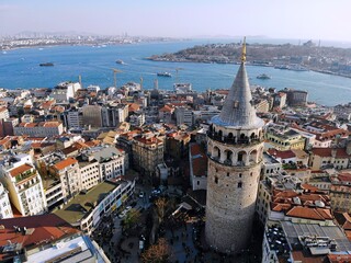 Istanbul, culture and historical capital of Turkey. Aerial photo from above. City view and landscape photo by drone. The Galata Kulesi Tower