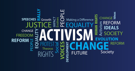 Activism Word Cloud on a Blue Background