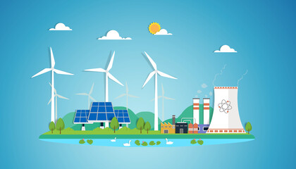 wind turbine  concept. eco city using wind, solar and Wind turbine.
