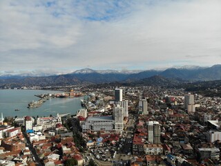 Georgia, Batumi. City Centre. View from above, perfect landscape photo, created by drone. Aerial travel sea photography