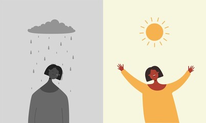 Sun is happy rain sad illustration. Character is sad when it rains and depressive weather rejoices when sun shines brightly two bipolar flat opposites psychological vector mood swings.