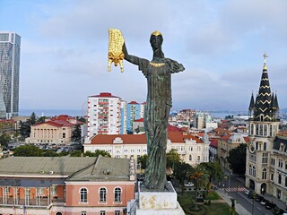 Georgia. Sea city Batumi. City Centre. Medea and Golden Fleece monument. View from above, perfect landscape photo, created by drone. Aerial photo from travel.