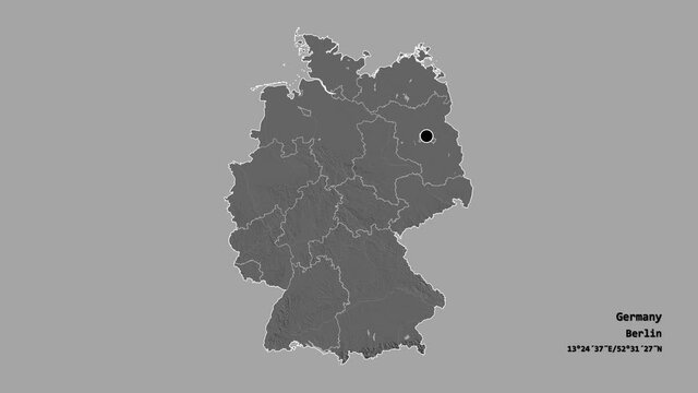 Bavaria, state of Germany, with its capital, localized, outlined and zoomed with informative overlays on a bilevel map in the Stereographic projection. Animation 3D